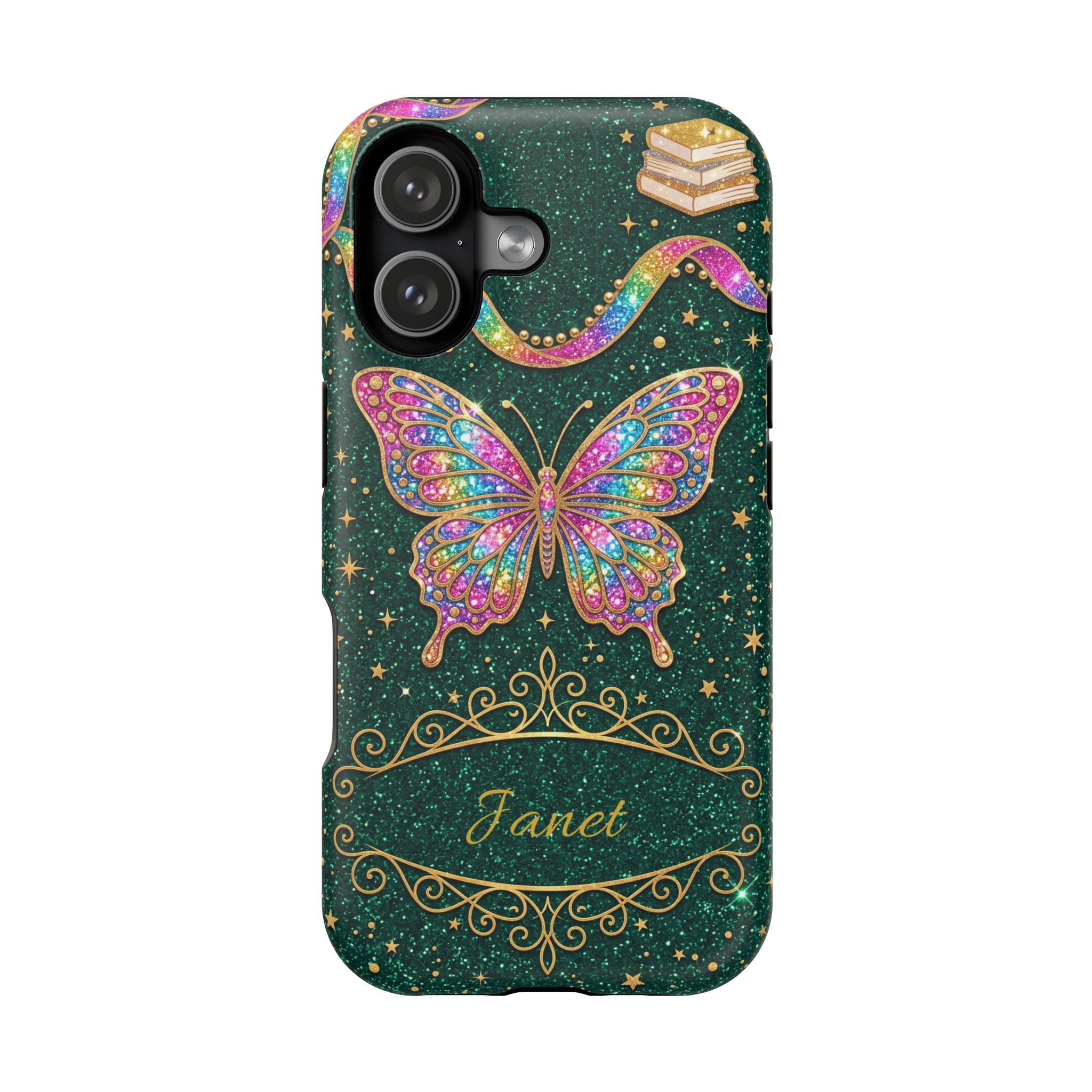 Rainbow Glitter Butterfly Personalized Teacher Phone Case — Wireless Charging Cover