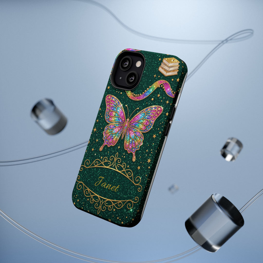Rainbow Glitter Butterfly Personalized Teacher Phone Case — Wireless Charging Cover