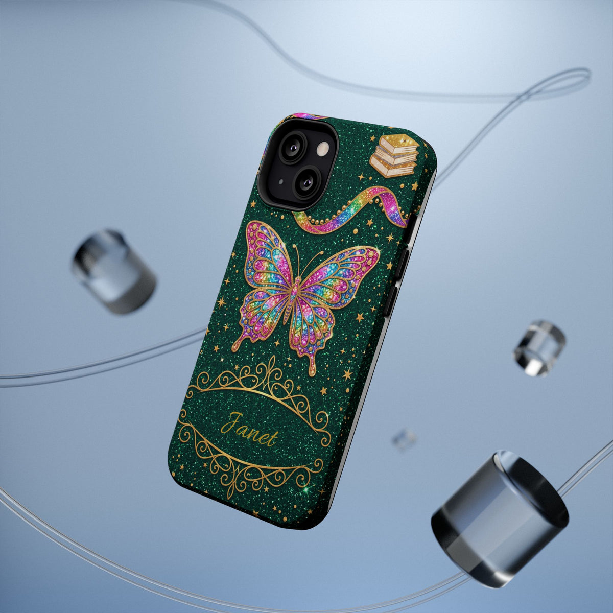 Rainbow Glitter Butterfly Personalized Teacher Phone Case — Wireless Charging Cover