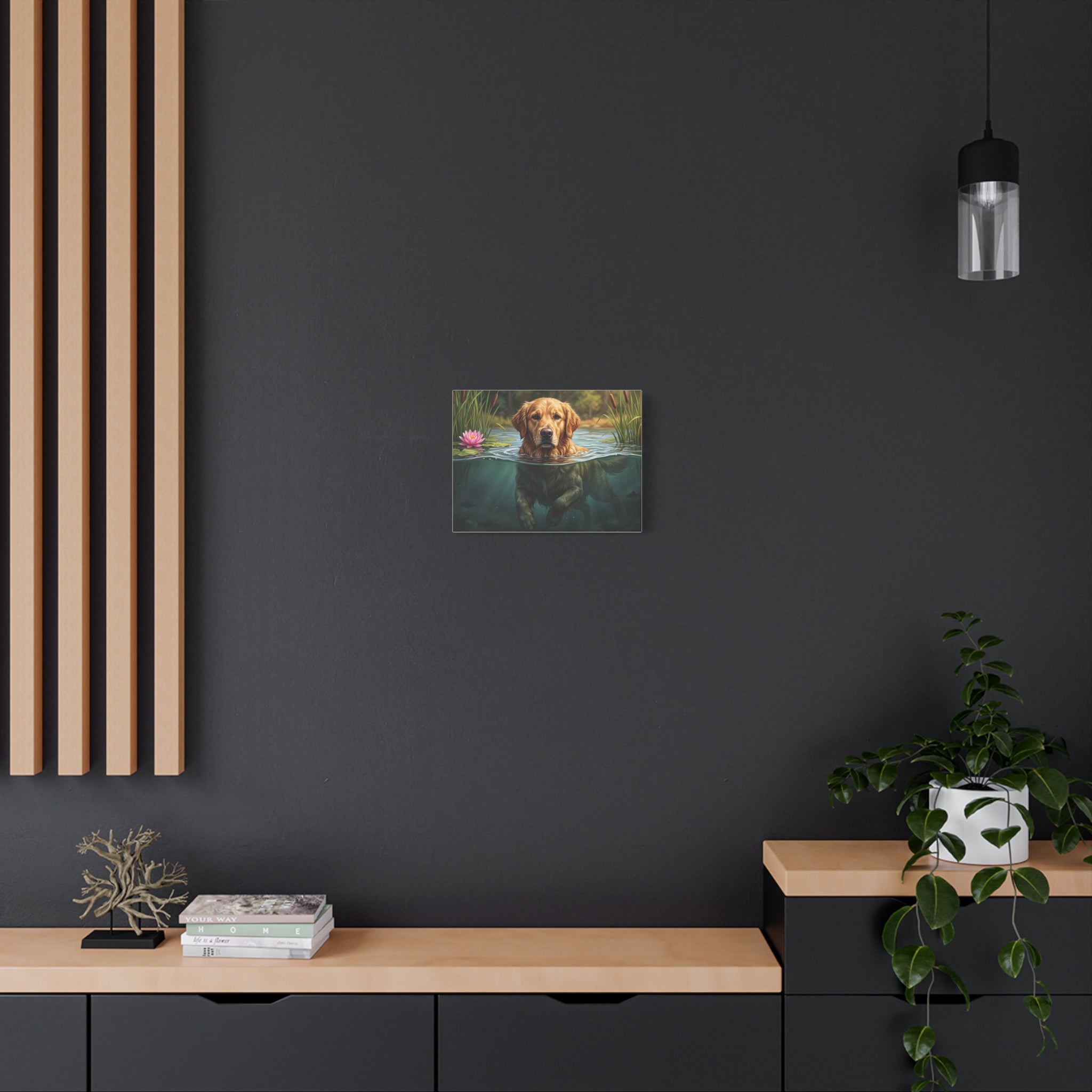 Golden Retriever Swimming Matte Canvas Wall Art — Dog Portrait Stretched Print
