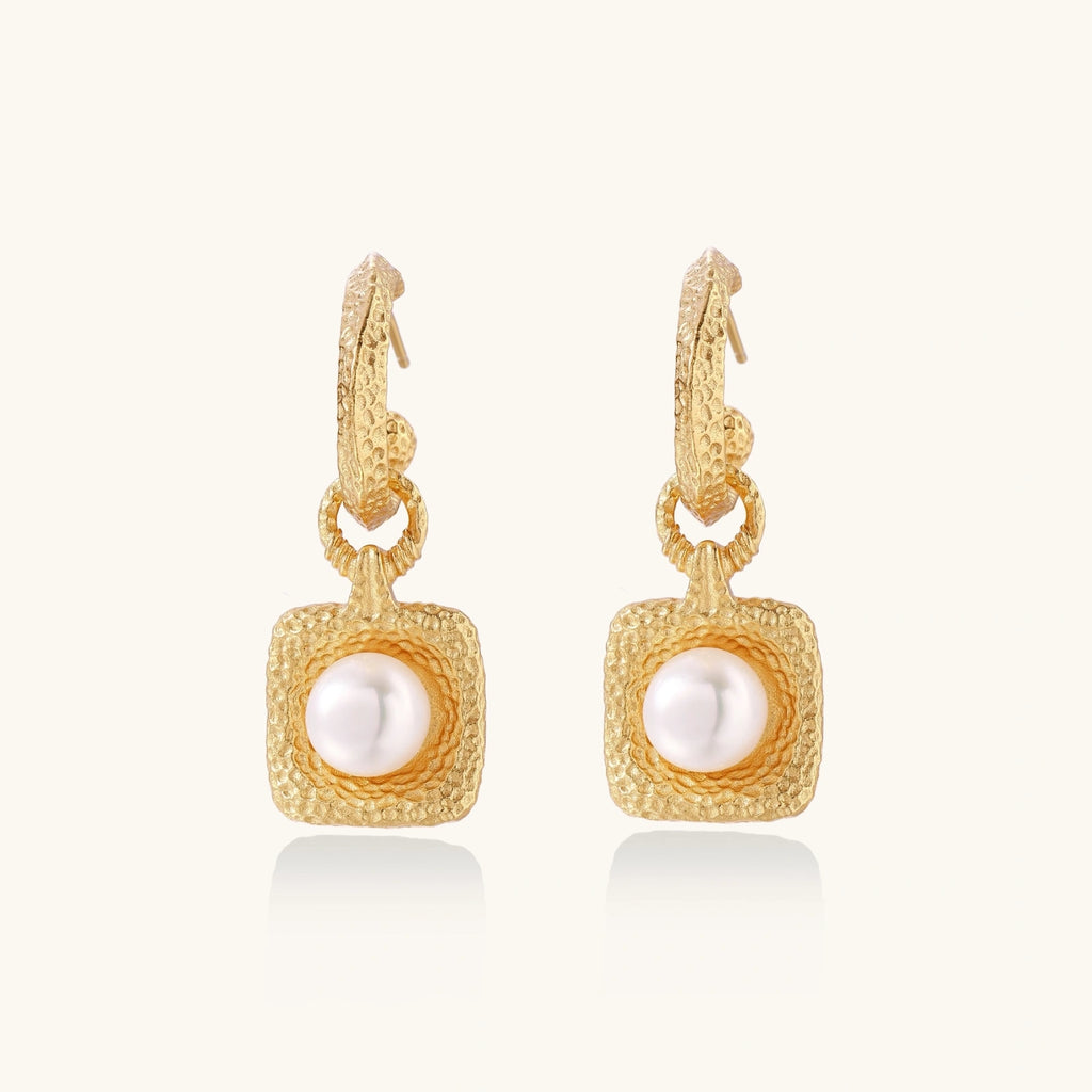 Golden Pearl Drop Hoop Earrings