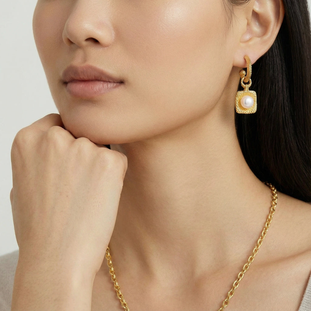 Golden Pearl Drop Hoop Earrings