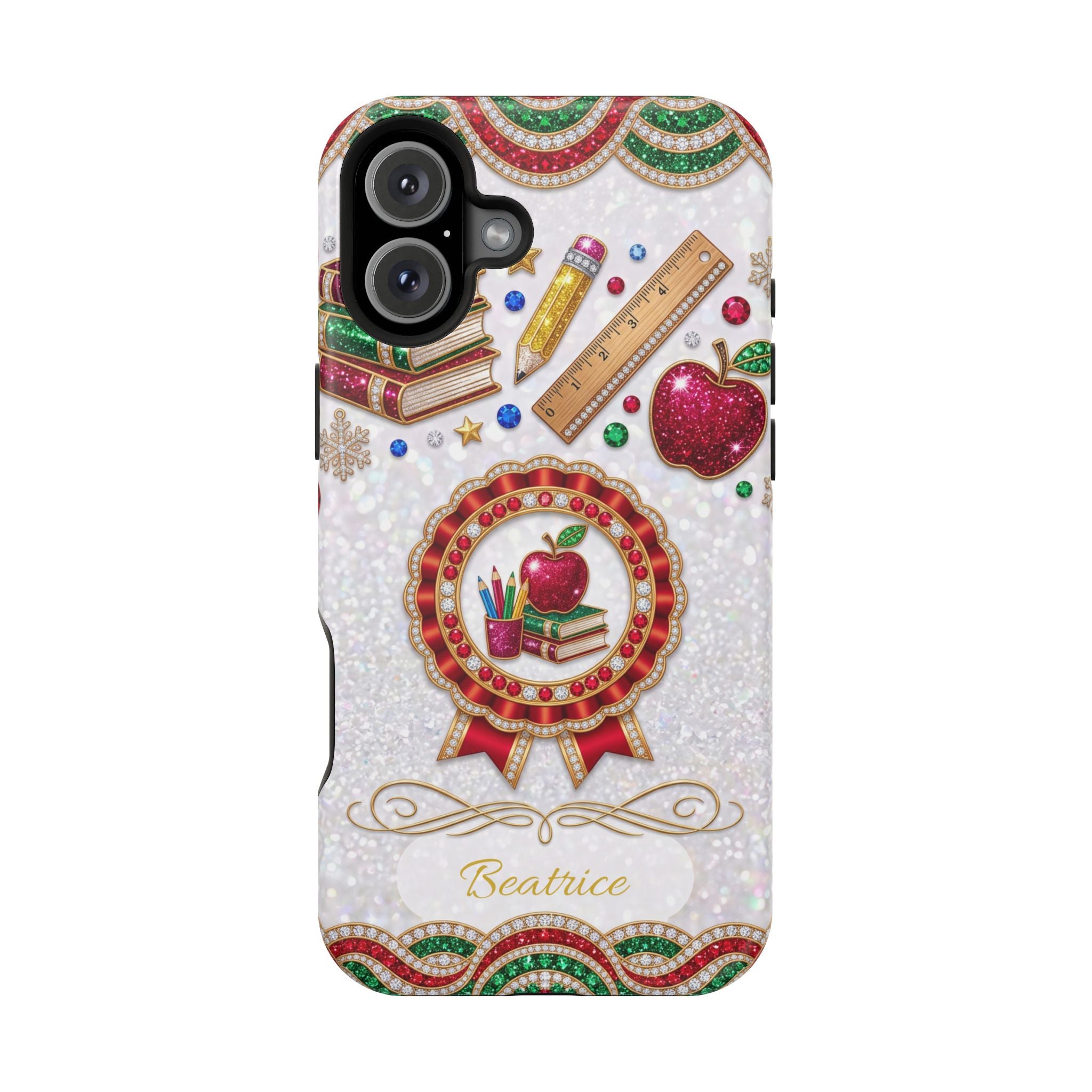 Jeweled Apple Medallion Personalized Teacher Phone Case — Wireless Charging Cover