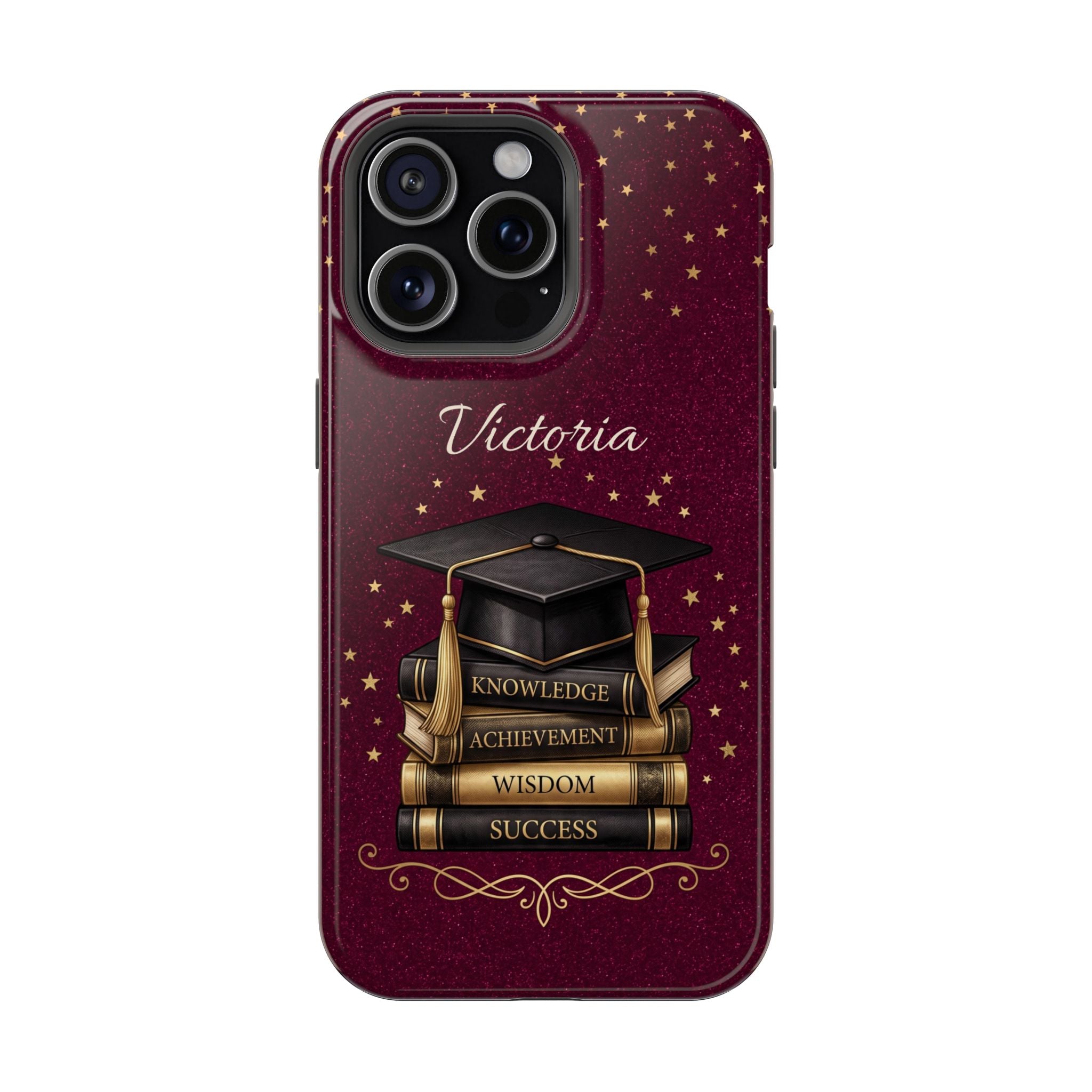 Graduation Cap & Books Personalized Teacher Phone Case — Wireless Charging Cover