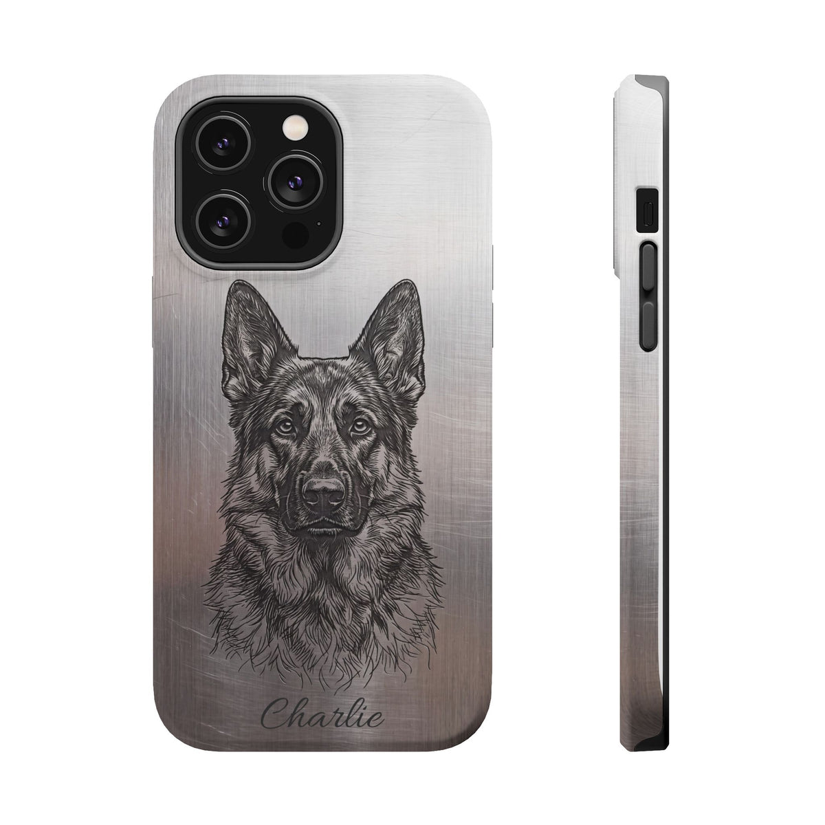 German Shepherd Phone Case | Personalized Etched Silver Art — Tough Magnetic Case with Wireless Charging