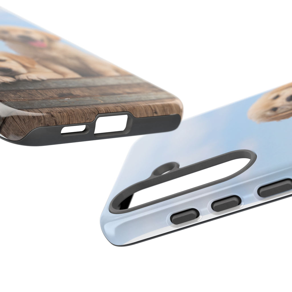 Golden Retriever Puppies on Barrel Phone Case | Cute Duo Under Blue Sky | iPhone & Samsung