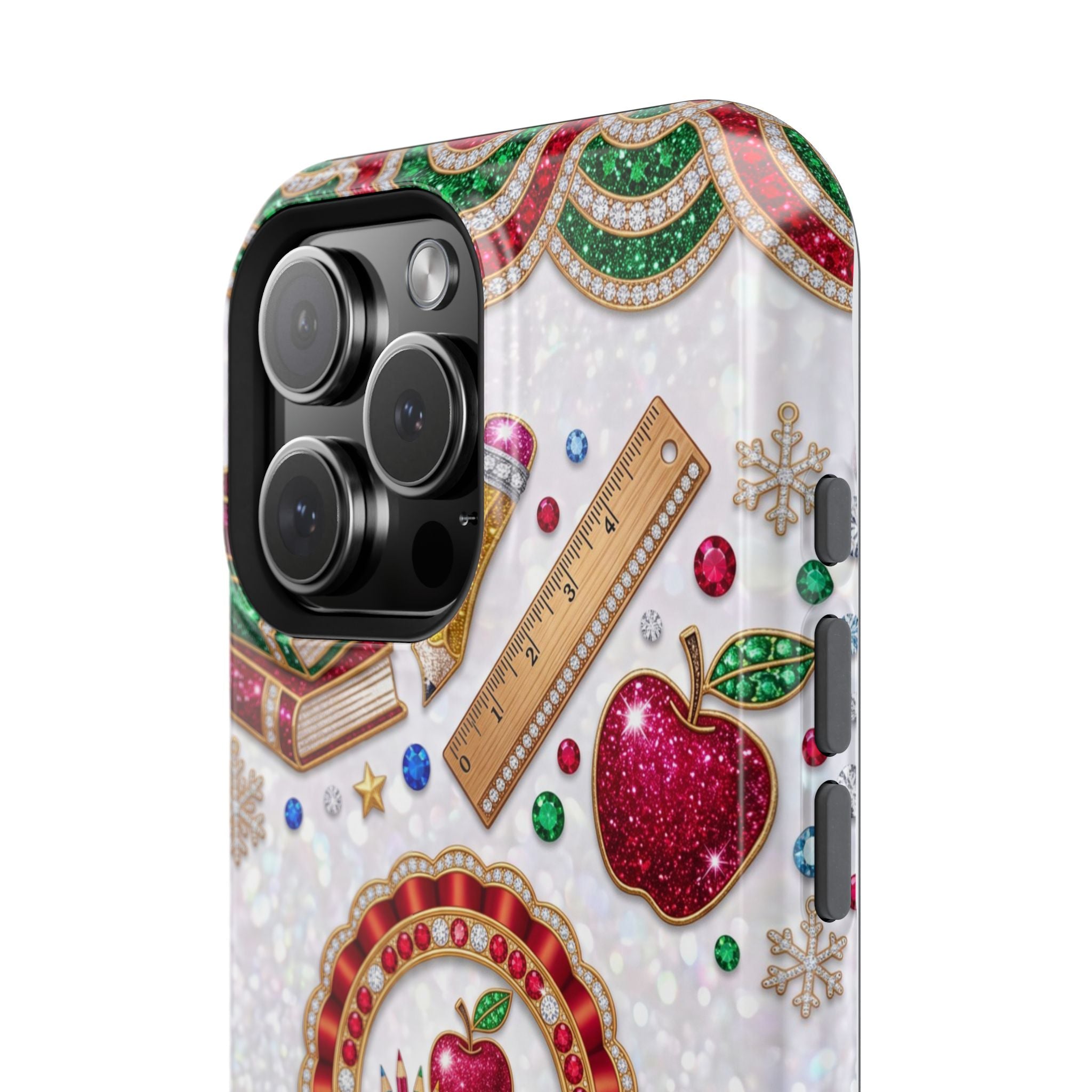Jeweled Apple Medallion Personalized Teacher Phone Case — Wireless Charging Cover