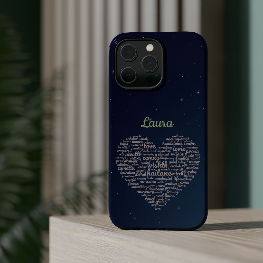 Personalized Teacher Heart Word Art Phone Case — Navy Wireless Charging Cover