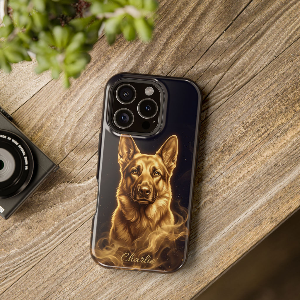 German Shepherd Phone Case | Personalized Gold Glow Art — Tough Magnetic Case with Wireless Charging