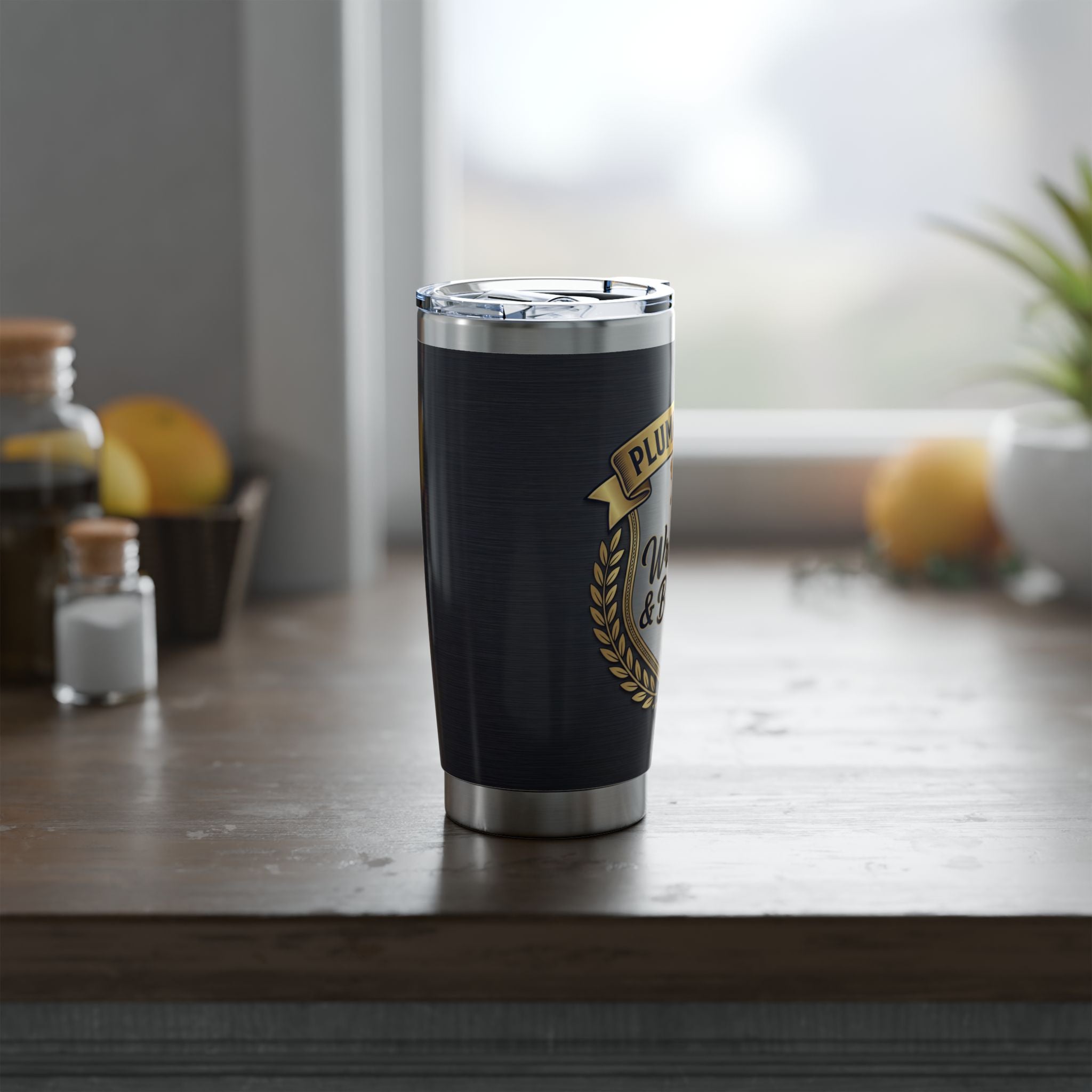 Plumber Dad Tumbler – "Wrenches & Bourbon" Charcoal Crest Design 20 oz