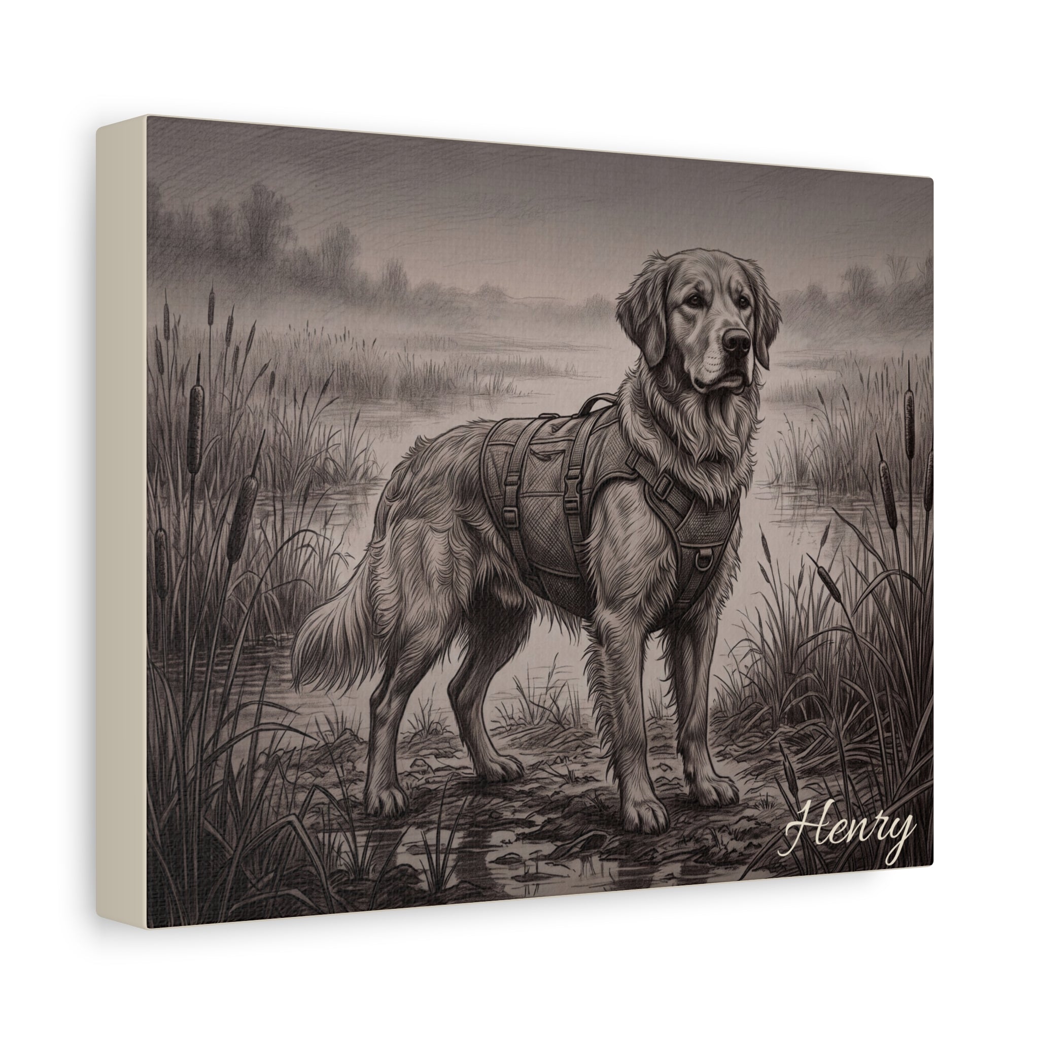 Golden Retriever Marshland Sketch Personalized Canvas | Misty Wetland Wall Art