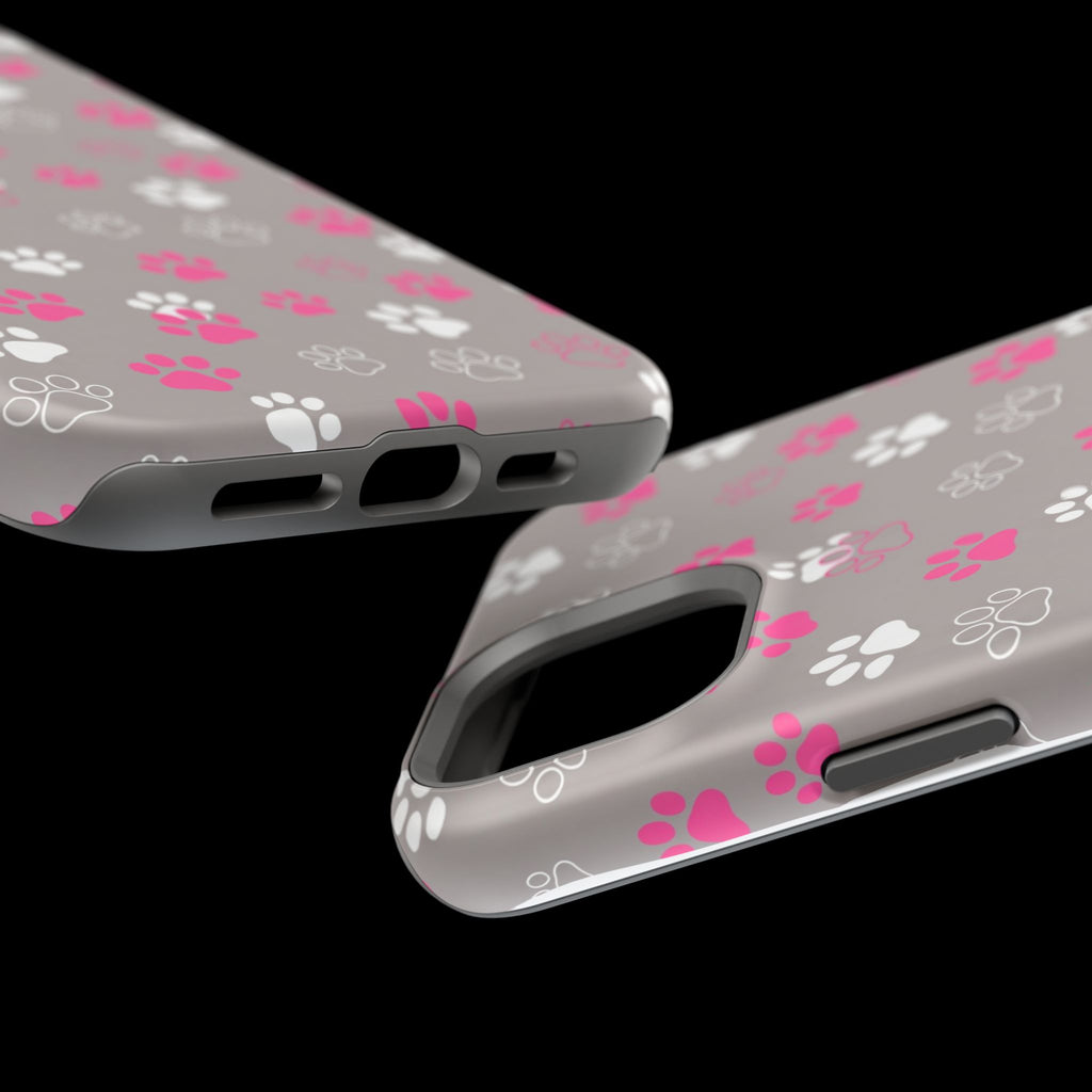 Pink & White Paw Print Phone Case — Impact-Resistant Wireless Charging Cover