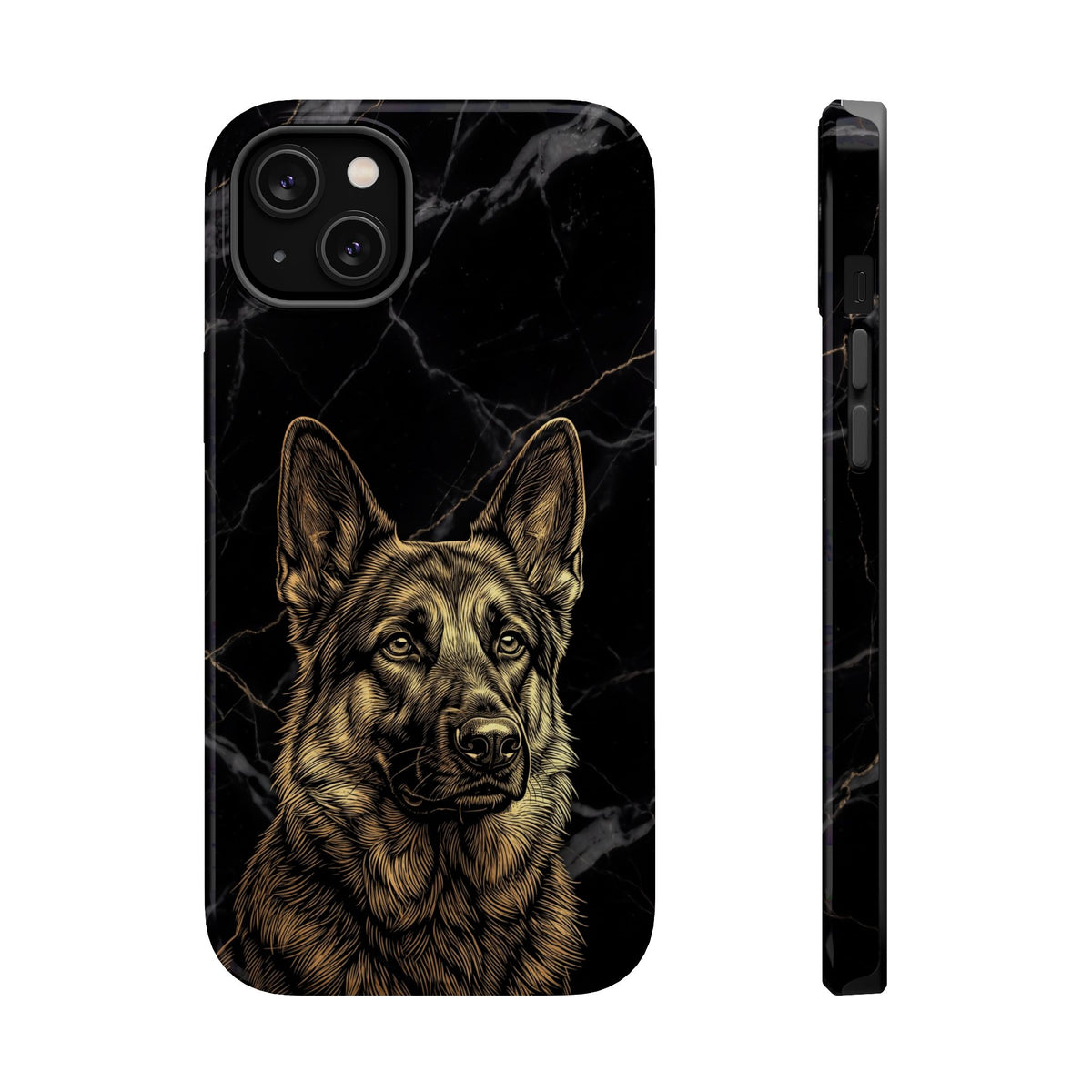 German Shepherd Phone Case | Black Marble Gold Sketch Art — Tough Magnetic Case with Wireless Charging