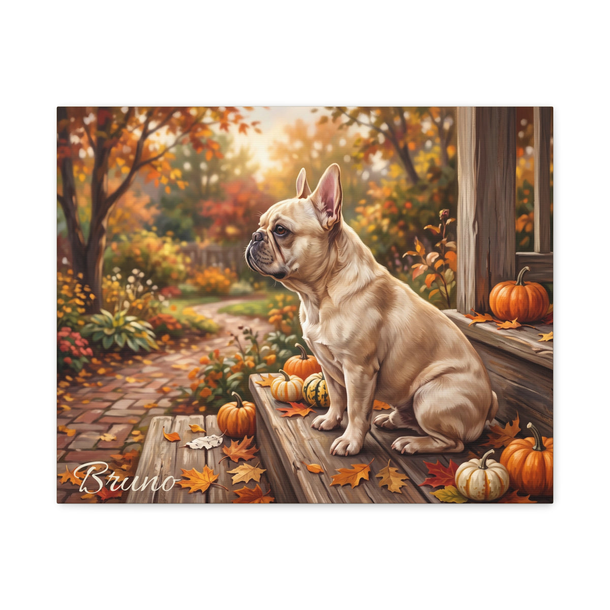 French Bulldog Personalized Canvas | Cream Frenchie Autumn Porch Pumpkin Wall Art