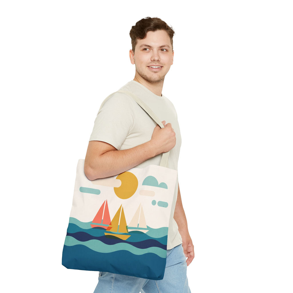 Minimalist Sailboat Tote Bag – Mid-Century Modern Ocean Waves Beach Bag