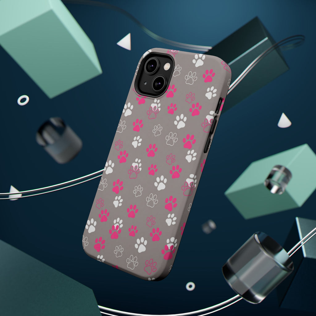 Pink & White Paw Print Phone Case — Impact-Resistant Wireless Charging Cover