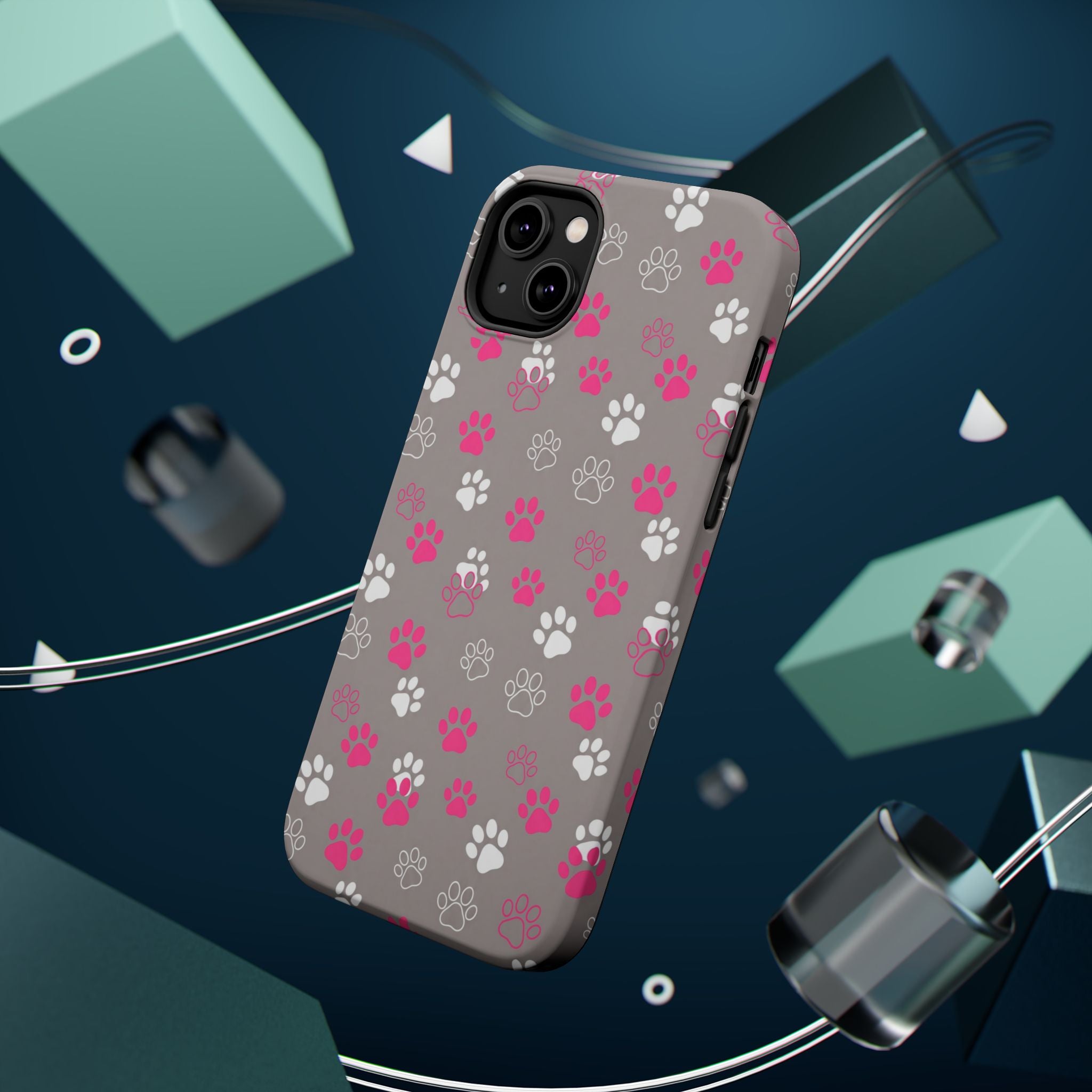 Pink & White Paw Print Phone Case — Impact-Resistant Wireless Charging Cover
