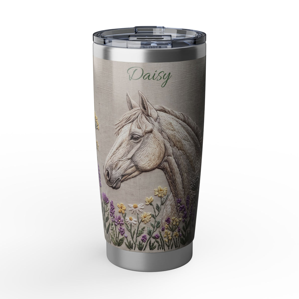Horse Personalized Tumbler | Floral Embroidery Art — 20 oz Stainless Travel Mug