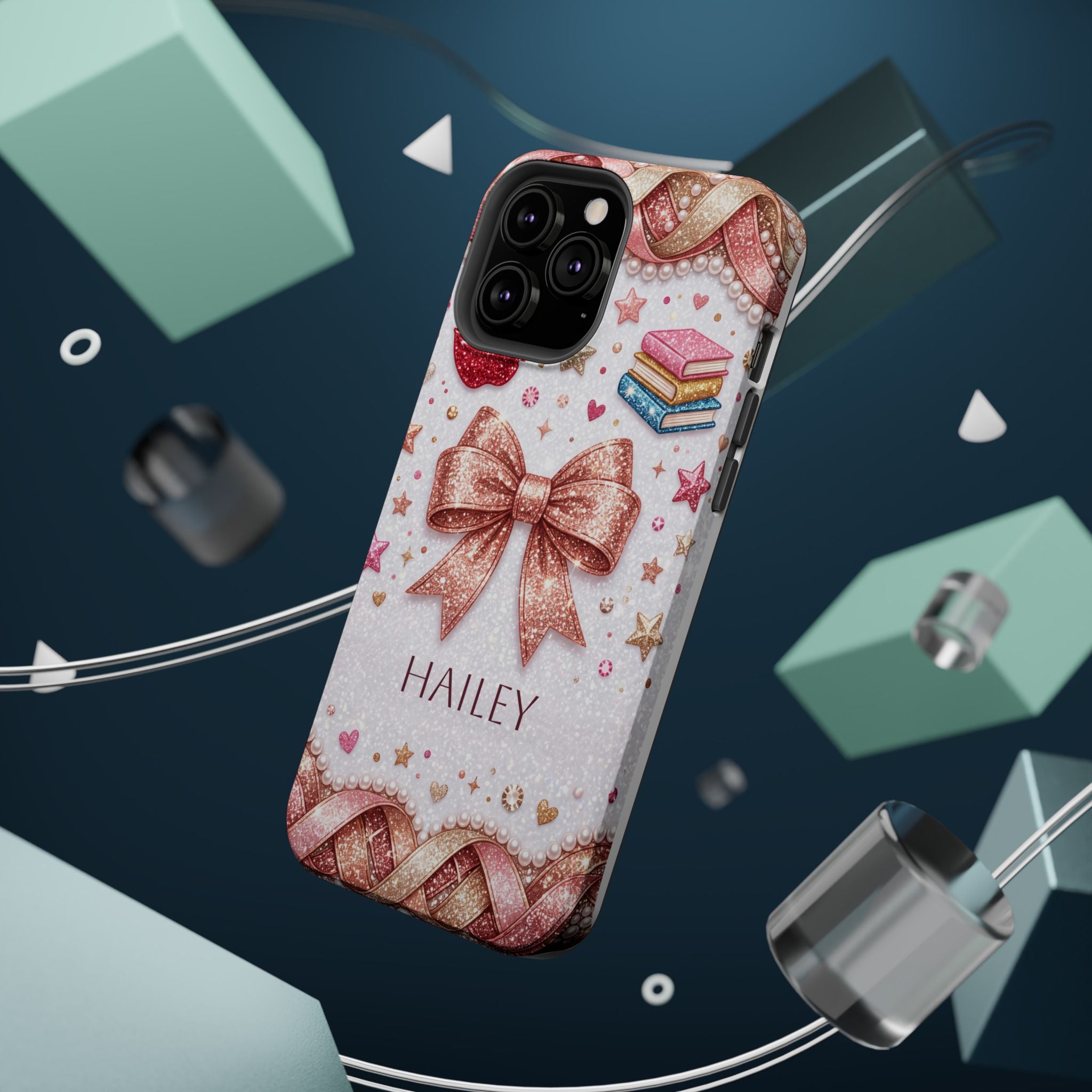Rose Gold Glitter Bow Personalized Teacher Phone Case — Wireless Charging Cover