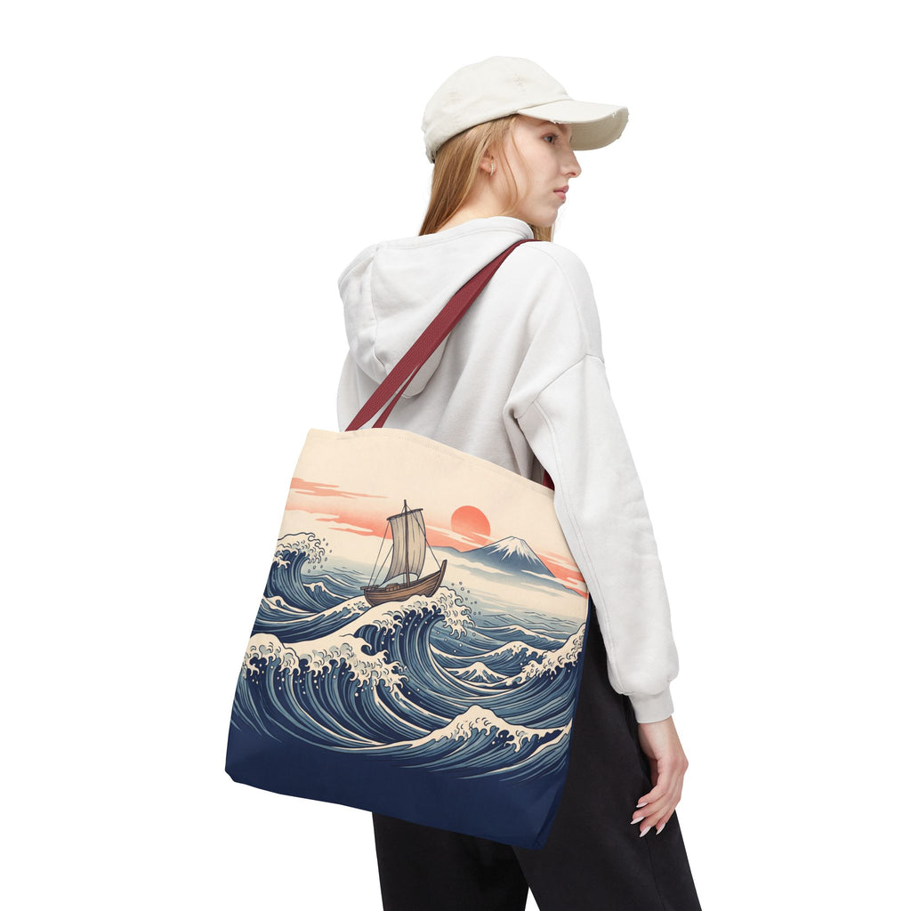Japanese Wave Sailboat Tote Bag – Woodblock Style Ocean Beach Bag