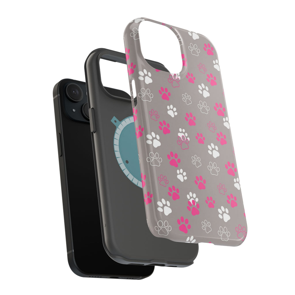 Pink & White Paw Print Phone Case — Impact-Resistant Wireless Charging Cover