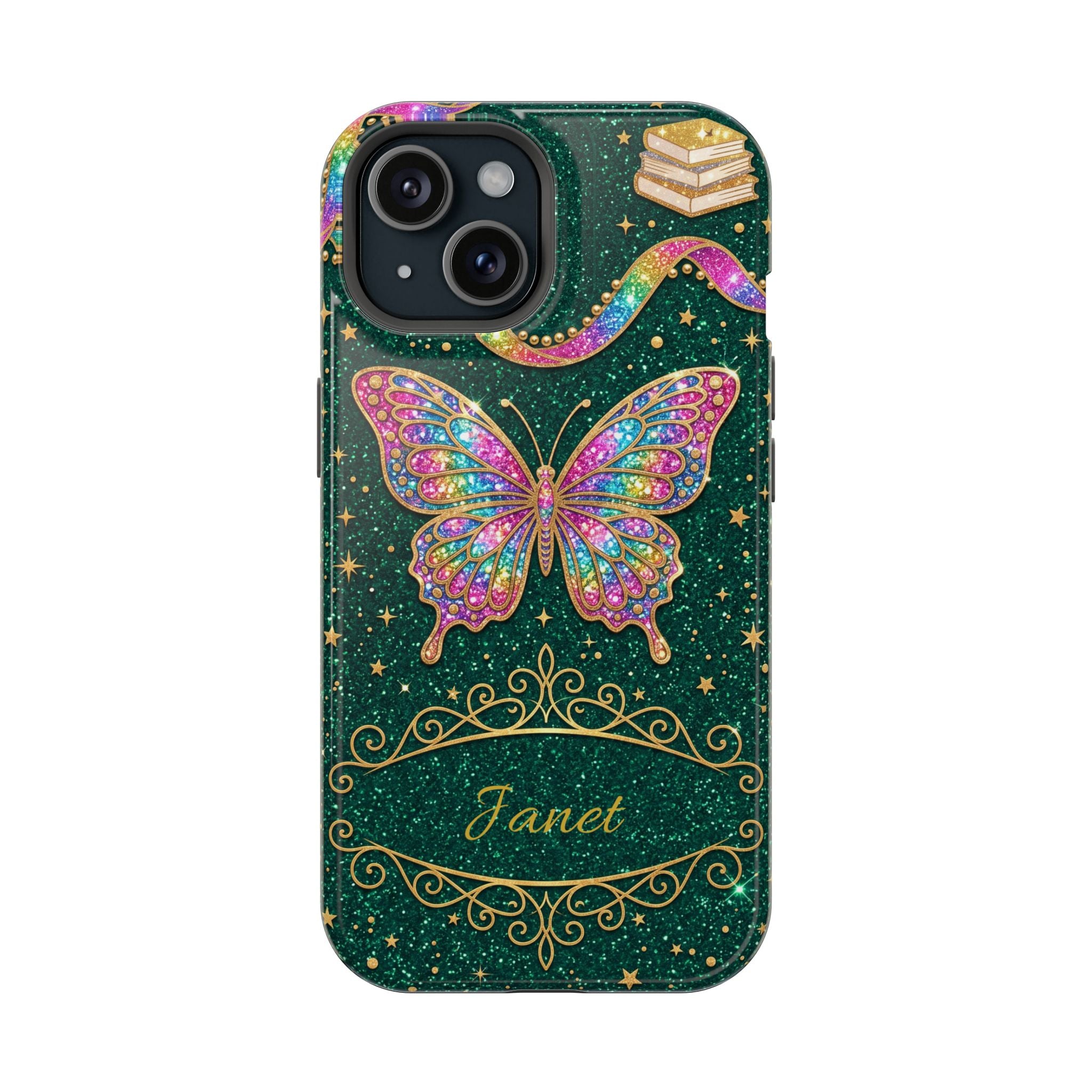 Rainbow Glitter Butterfly Personalized Teacher Phone Case — Wireless Charging Cover