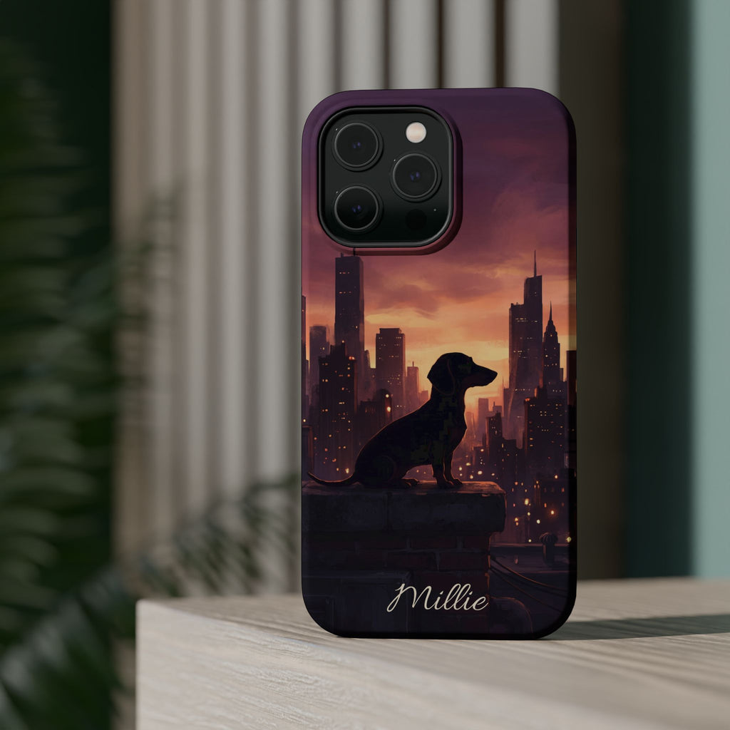 Personalized Dachshund City Skyline Phone Case — Wireless Charging Cover