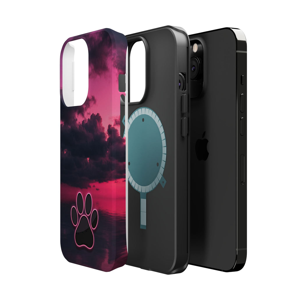 iPhone & Samsung Magnetic Impact-Resistant Phone Case — Pink Twilight Cloud with Paw Print