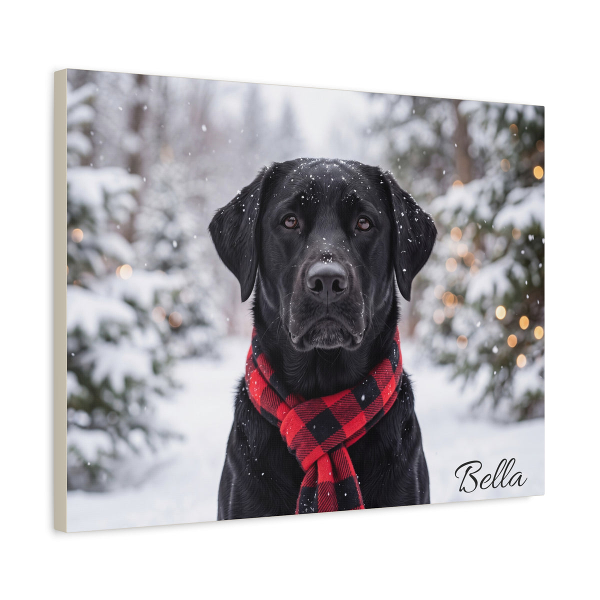 Black Labrador Personalized Canvas | Snowy Christmas Plaid Scarf Wall Art