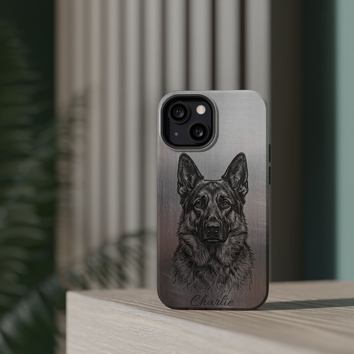 German Shepherd Phone Case | Personalized Etched Silver Art — Tough Magnetic Case with Wireless Charging