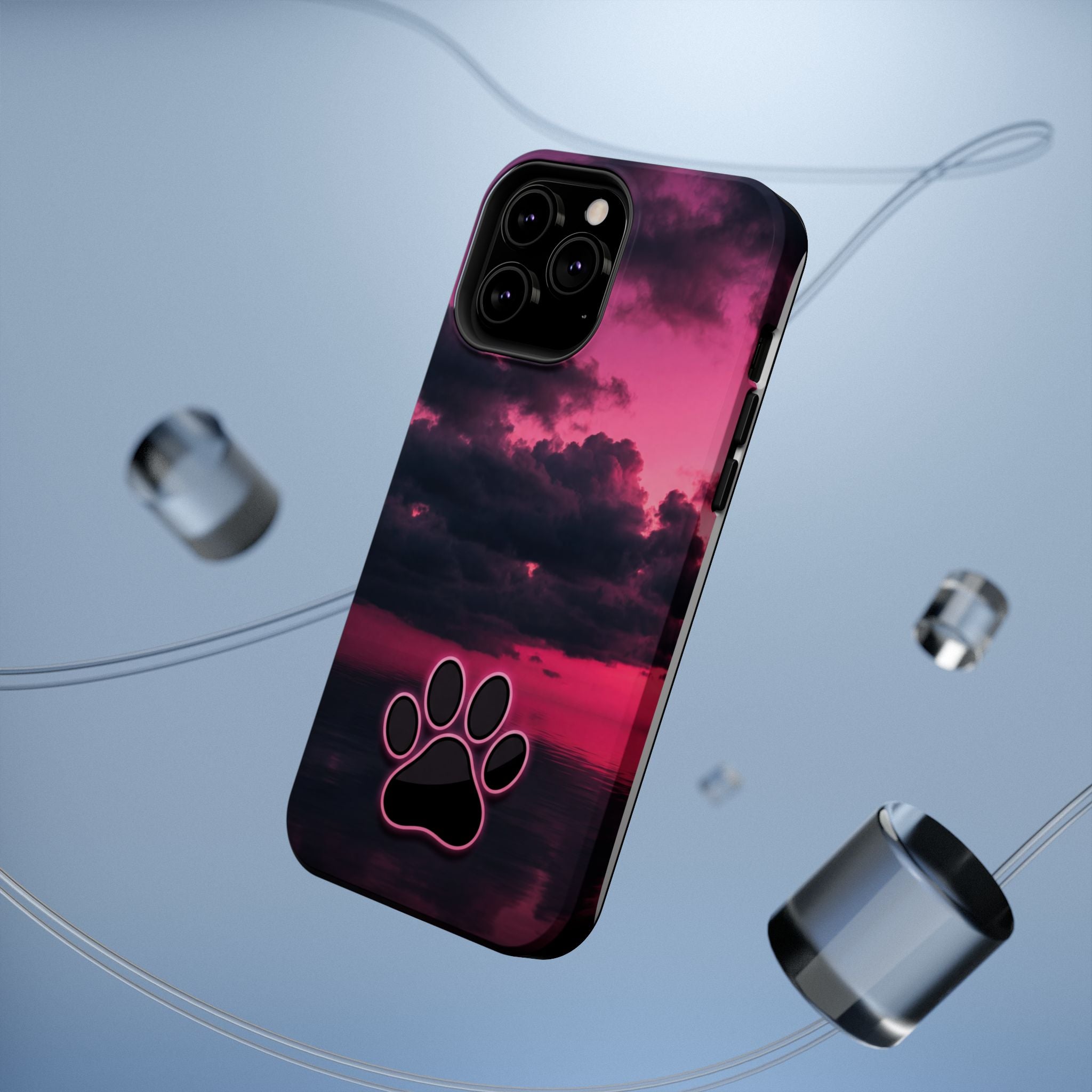 iPhone & Samsung Magnetic Impact-Resistant Phone Case — Pink Twilight Cloud with Paw Print
