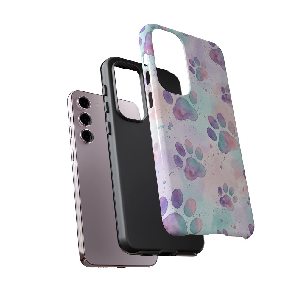 Watercolor Paw Print Phone Case | Pastel Purple, Teal & Pink Artistic Pattern | Samsung & iPhone
