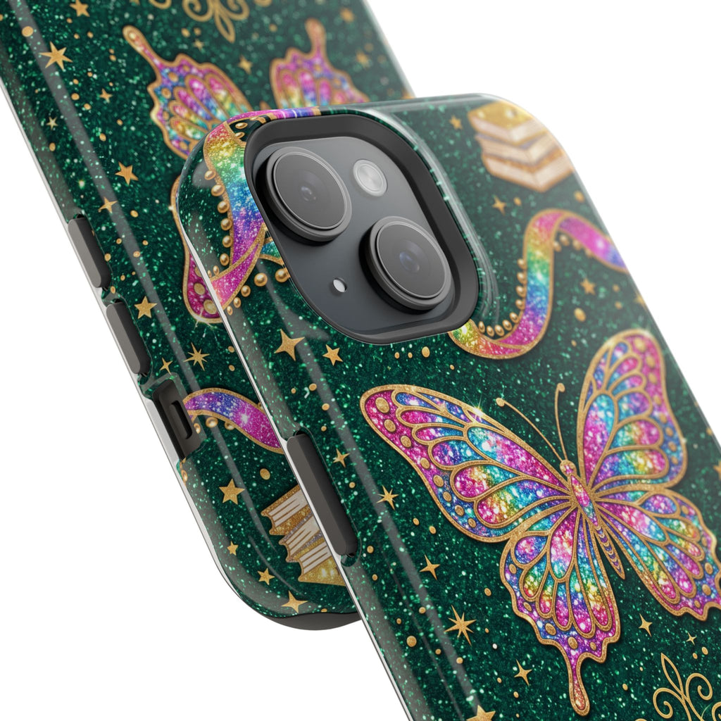 Rainbow Glitter Butterfly Personalized Teacher Phone Case — Wireless Charging Cover