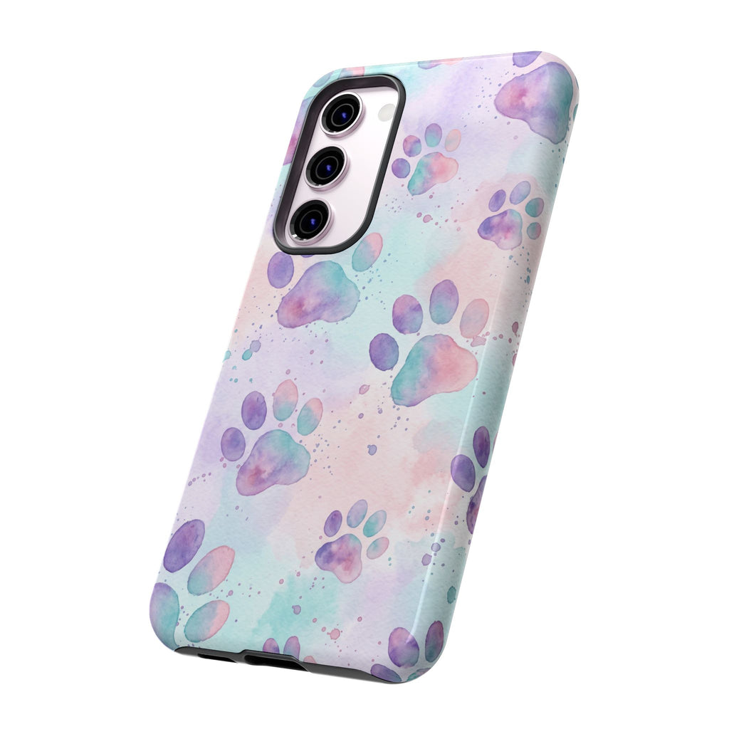 Watercolor Paw Print Phone Case | Pastel Purple, Teal & Pink Artistic Pattern | Samsung & iPhone