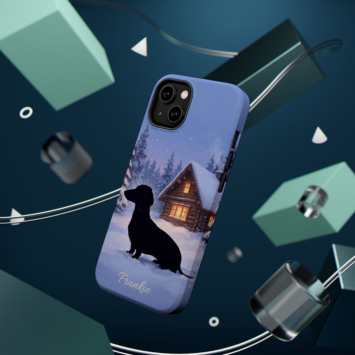 Personalized Dachshund Winter Cabin Phone Case — Wireless Charging Cover