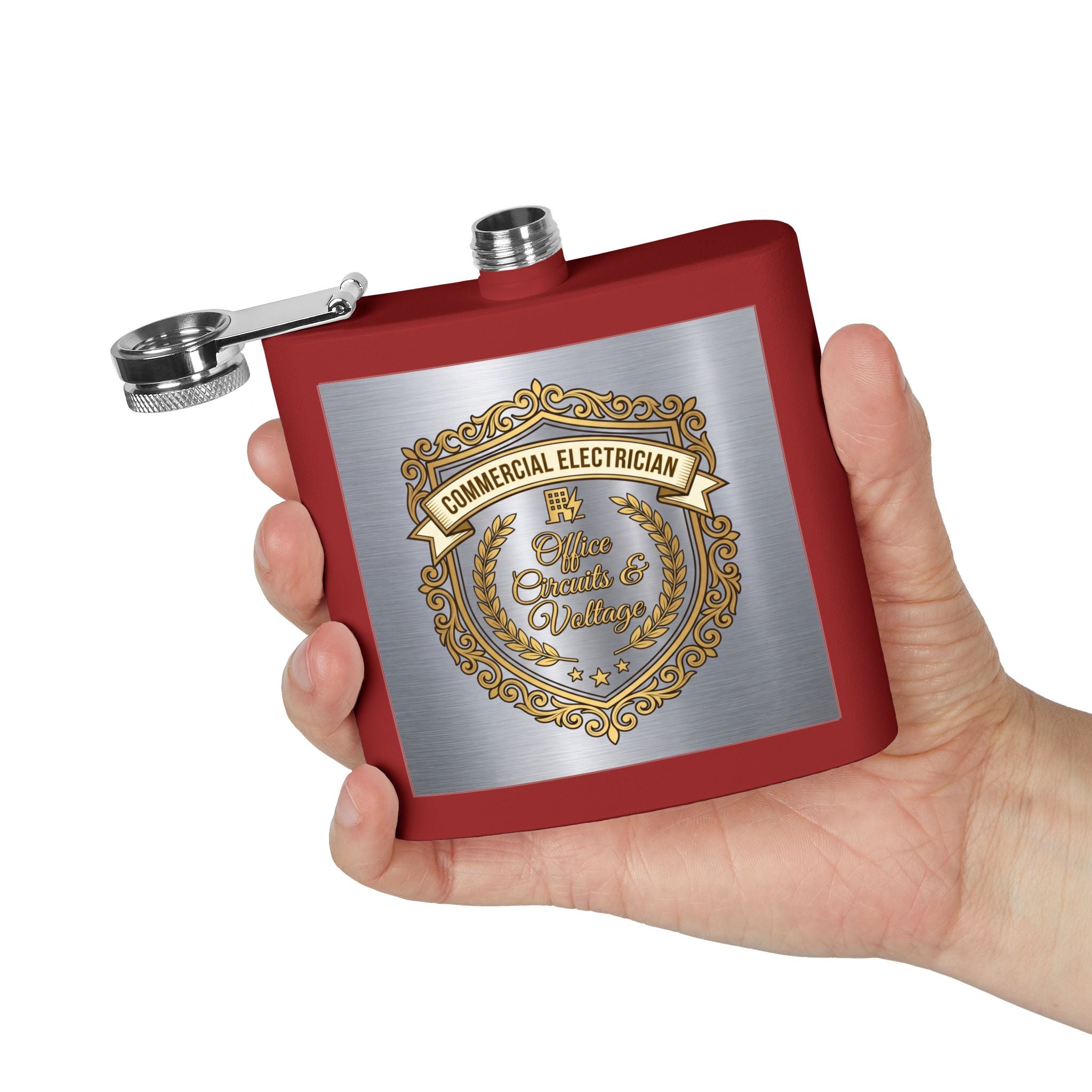Flask — "Commercial Electrician: Office Circuits & Voltage" (Shield Badge) 6oz Stainless Steel Hip Flask