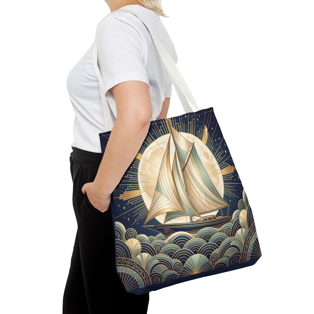 Art Deco Moonlit Sailboat Tote Bag – Starry Night Nautical Beach Bag