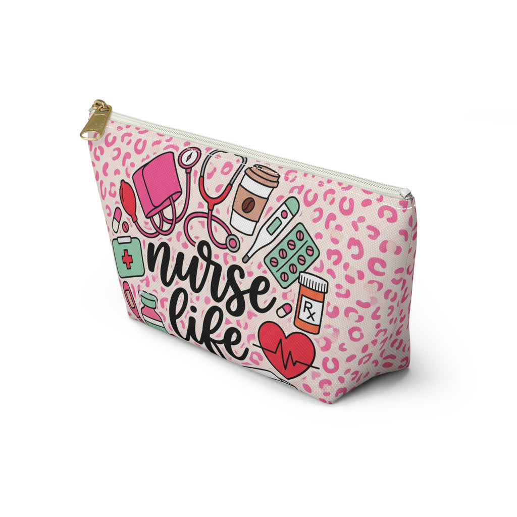 Nurse Life Pink Leopard Accessory Pouch — T-Bottom Zipper Bag