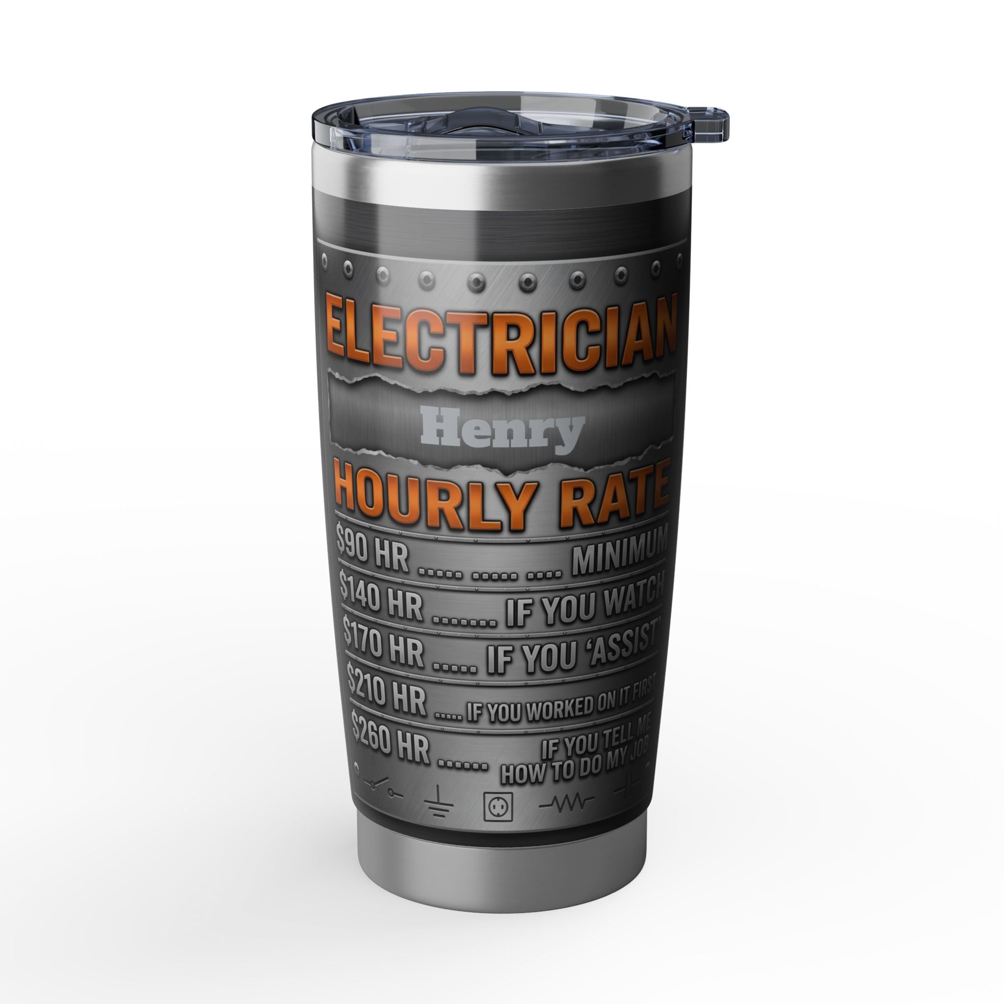 Personalized Electrician Hourly Rate Tumbler – Metallic Skull Design 20 oz