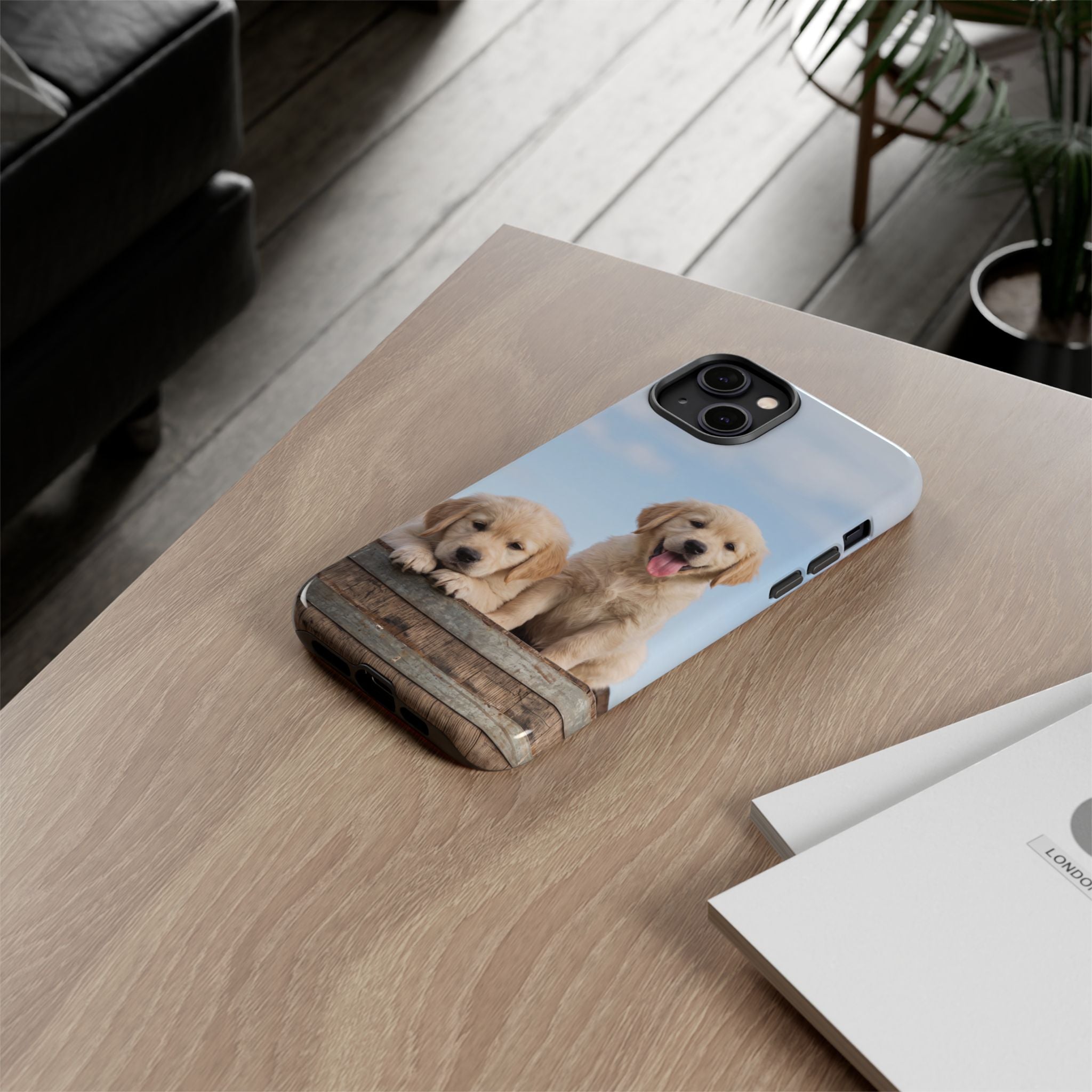 Golden Retriever Puppies on Barrel Phone Case | Cute Duo Under Blue Sky | iPhone & Samsung