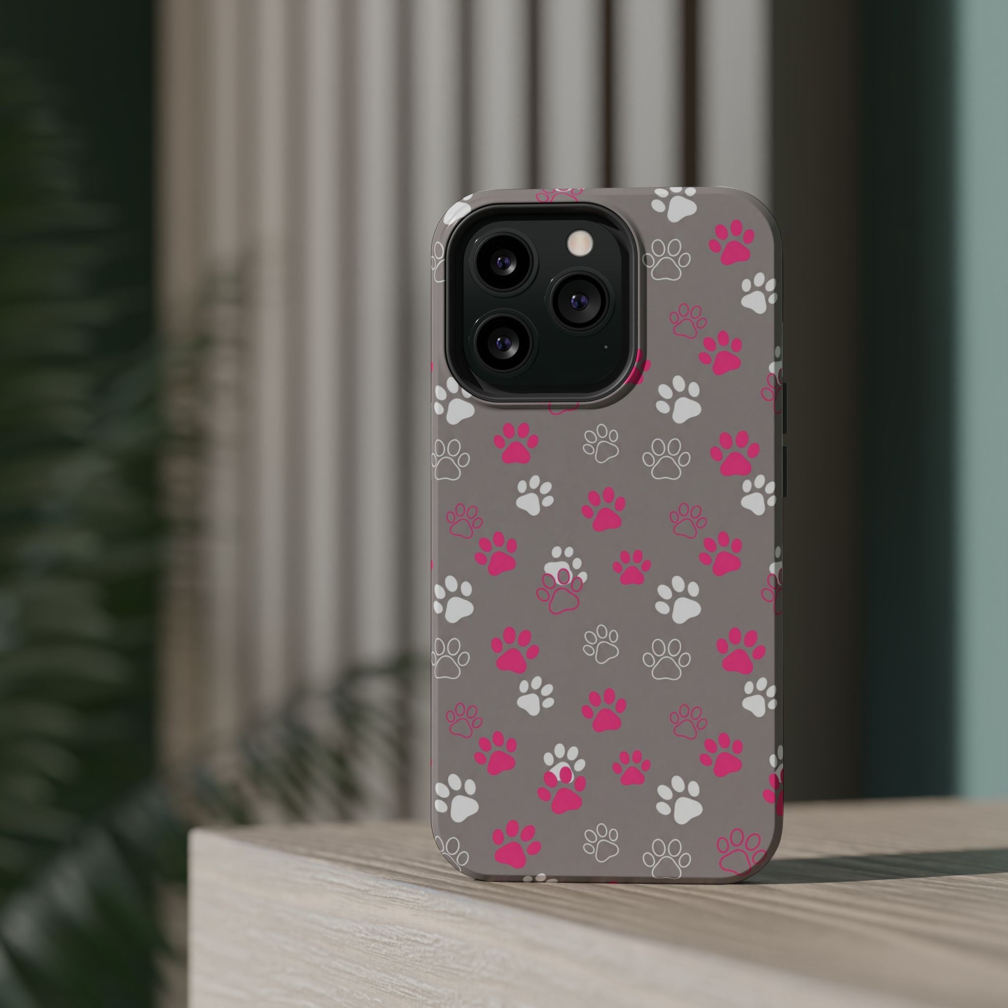Pink & White Paw Print Phone Case — Impact-Resistant Wireless Charging Cover