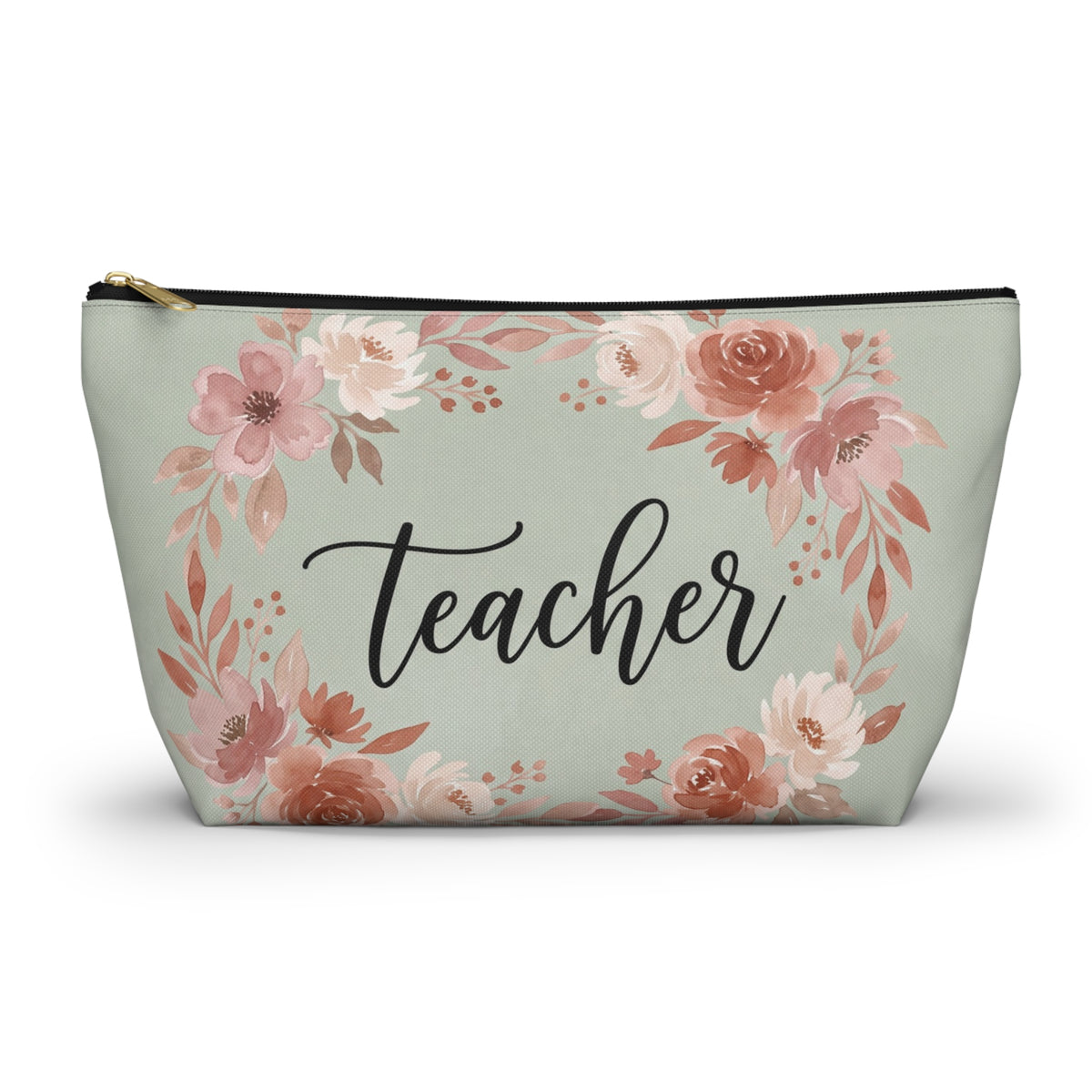 Teacher Floral Watercolor Accessory Pouch — T-Bottom Zipper Bag