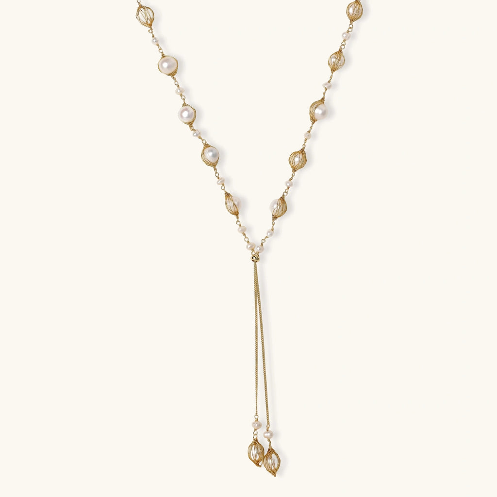 Golden Pearl Lariat Necklace