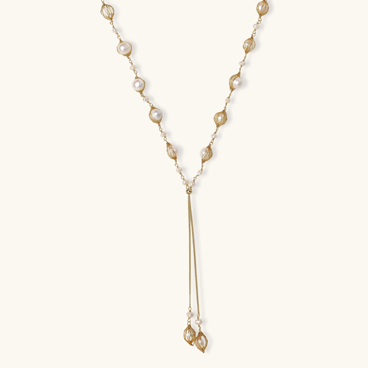 Golden Pearl Lariat Necklace