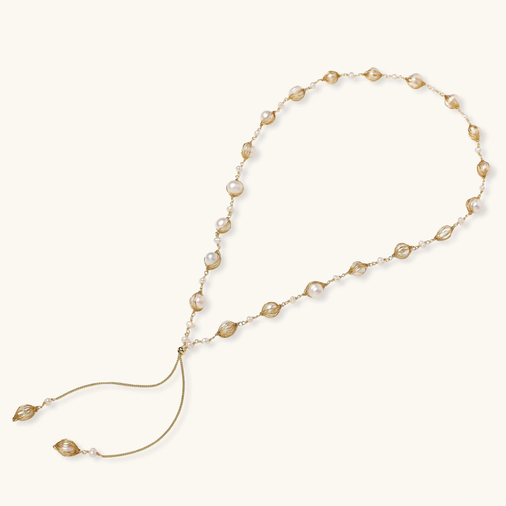 Golden Pearl Lariat Necklace