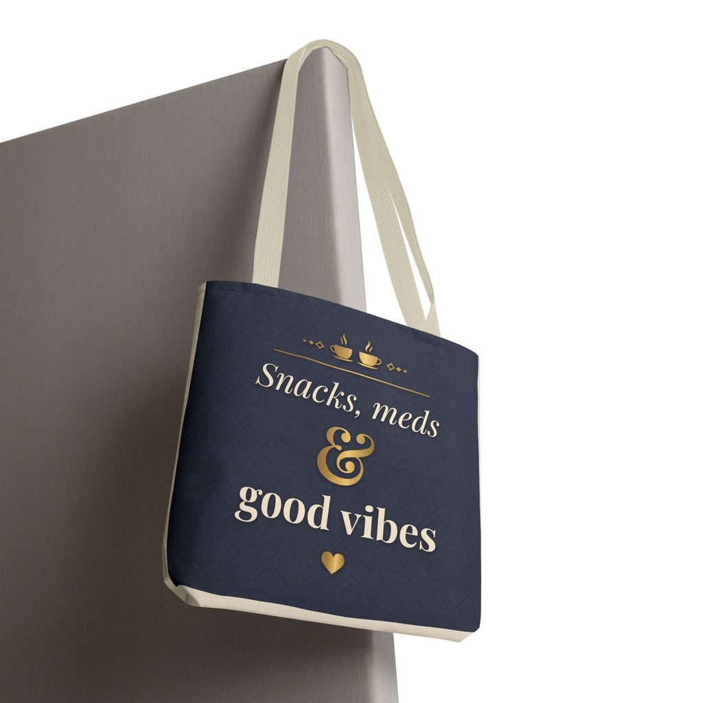 Snacks Meds & Good Vibes Tote | Funny Nurse Gift Tote Bag | Healthcare Worker Humour Gift | Premium Polyester Carry-All