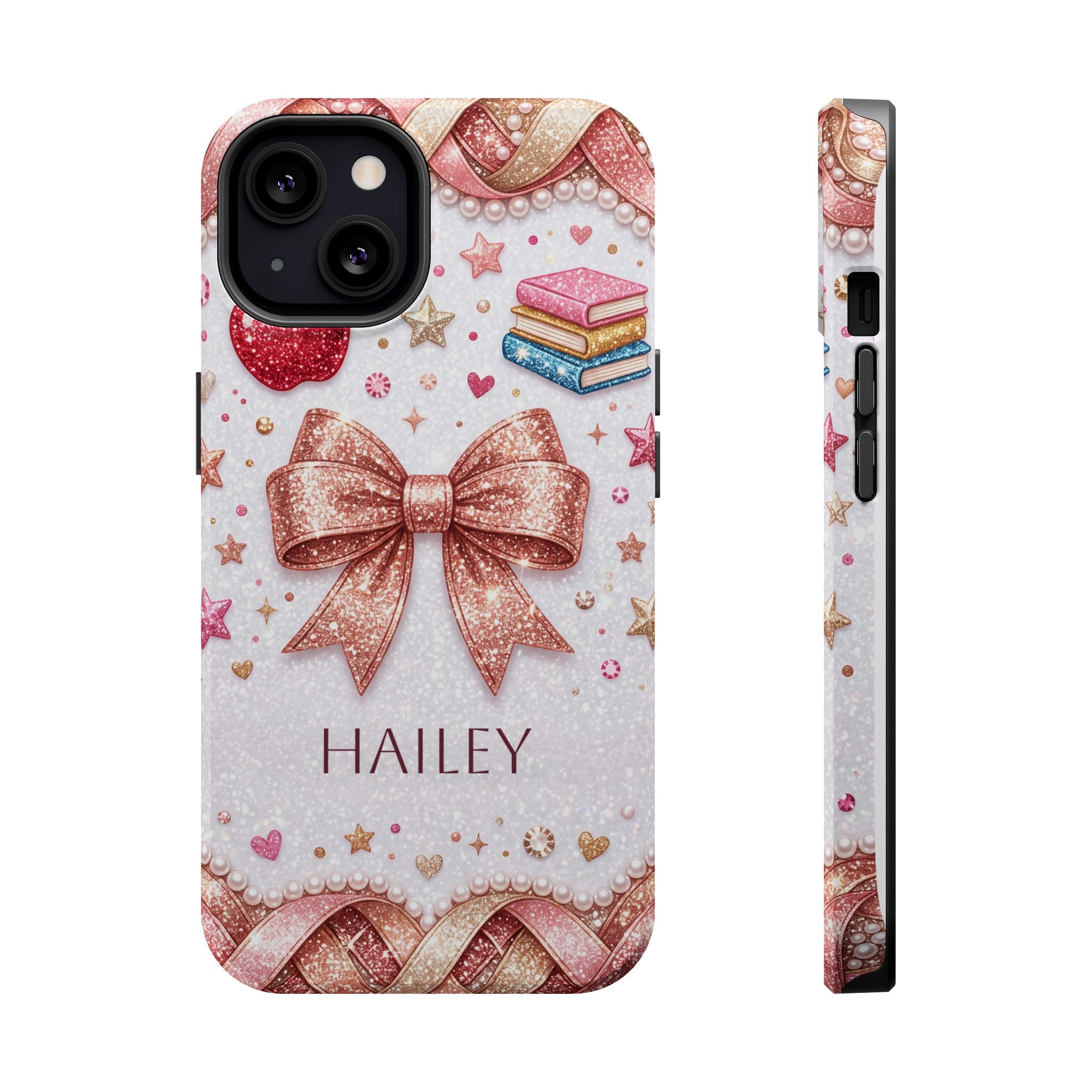 Rose Gold Glitter Bow Personalized Teacher Phone Case — Wireless Charging Cover