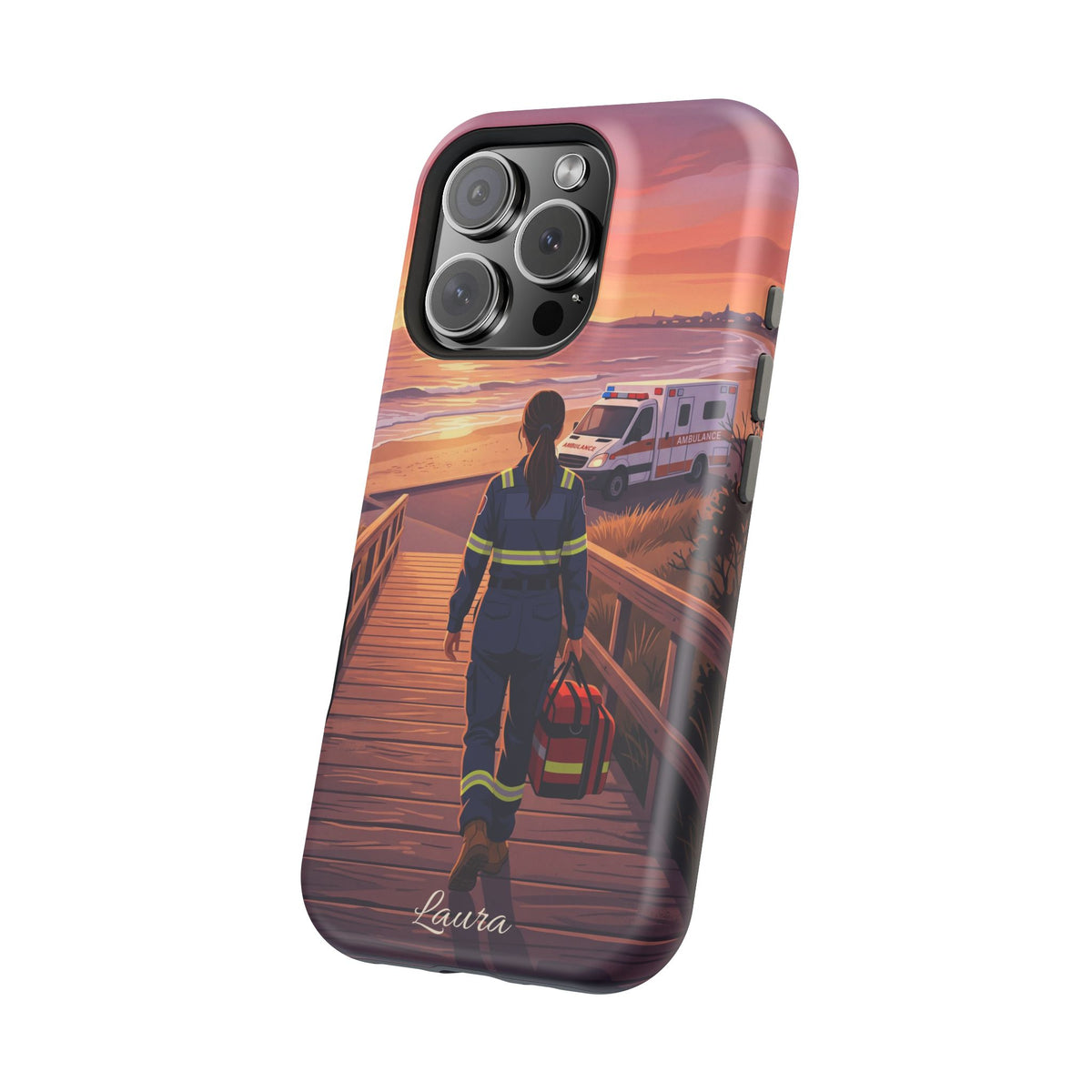 Sunset Boardwalk Personalized Paramedic Phone Case — Wireless Charging Cover