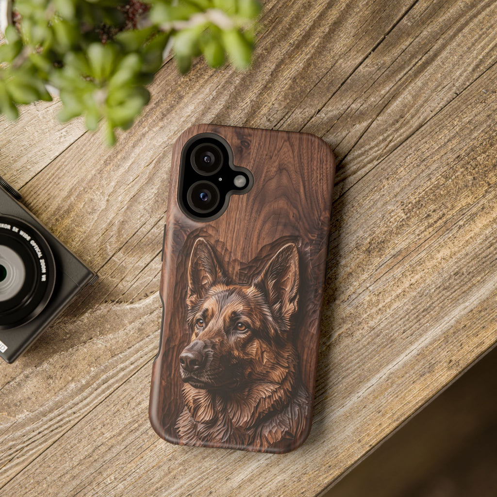 German Shepherd Phone Case | Carved Walnut Art — Tough Magnetic Case with Wireless Charging