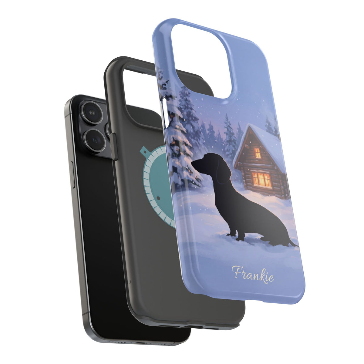 Personalized Dachshund Winter Cabin Phone Case — Wireless Charging Cover